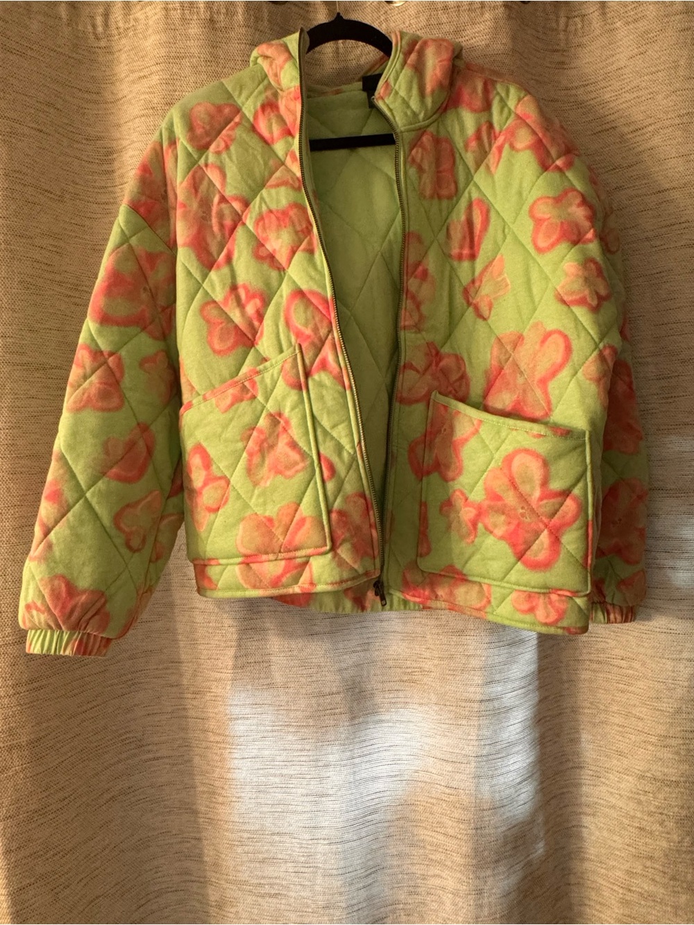 wild fable Green Quilted Puffer Jacket with Pink Floral Print